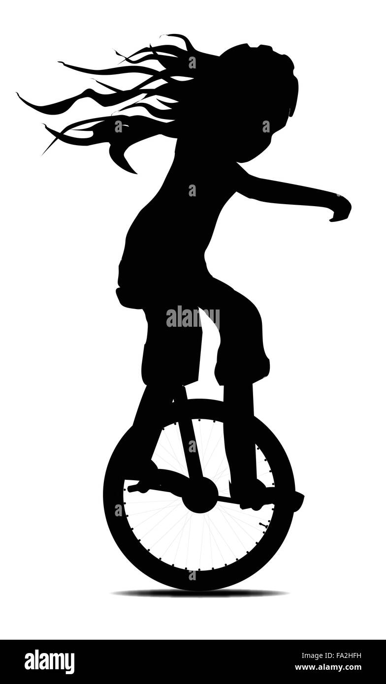 Silhouette of a little girl on a unicycle isolated over a white background Stock Vector