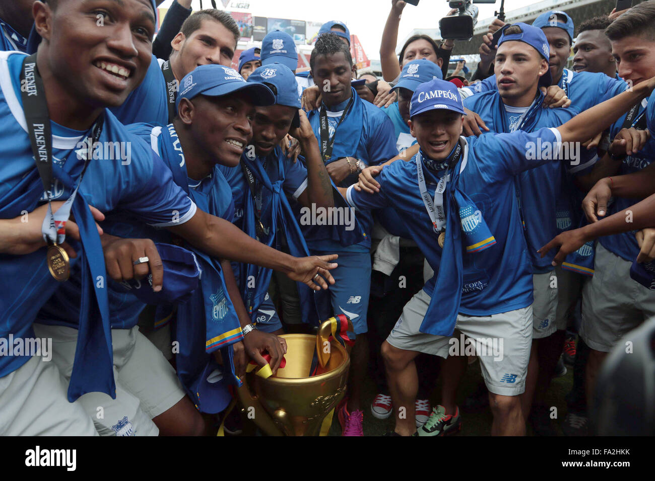 Quito, Ecuador. 20th Dec, 2015. Players of Emelec celebrate with the