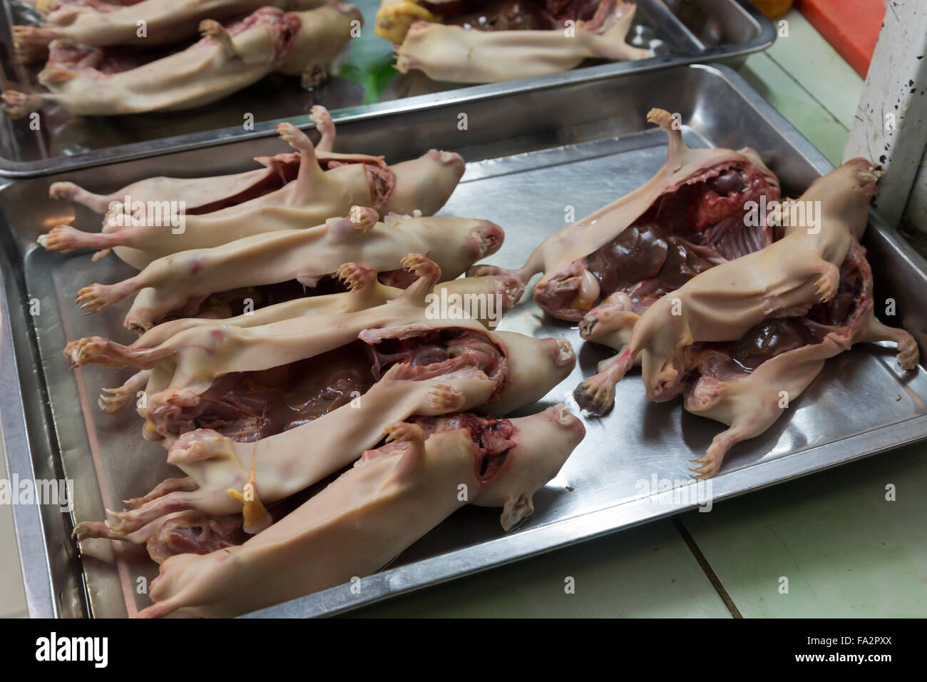 Photograph of slaughtered guinea pigs on the local market in Huaraz, Peru. Stock Photo