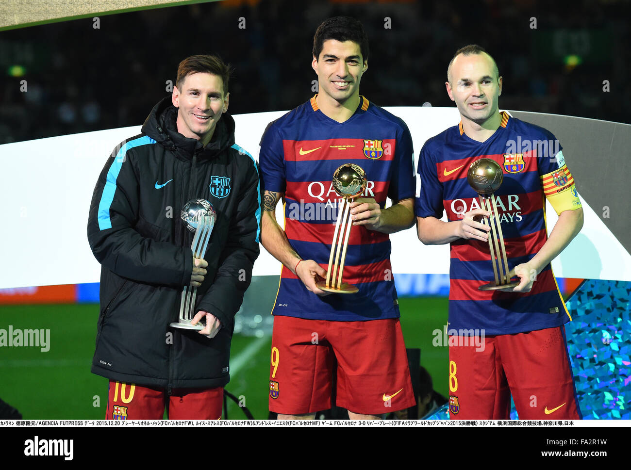 Kanagawa, Japan. 20th Dec, 2015. (L-R) Lionel Messi, Luis Suarez, Andres Iniesta (Barcelona) Football/Soccer : Golden Ball winner Luis Suarez, Silver Ball winner Lionel Messi and Bronze Ball winner Andres Iniesta, all Barcelona players, pose with their trophies after the FIFA Club World Cup Japan 2015 Final match between River Plate 0-3 FC Barcelona at International Stadium Yokohama in Kanagawa, Japan . Credit:  Takamoto Tokuhara/AFLO/Alamy Live News Stock Photo