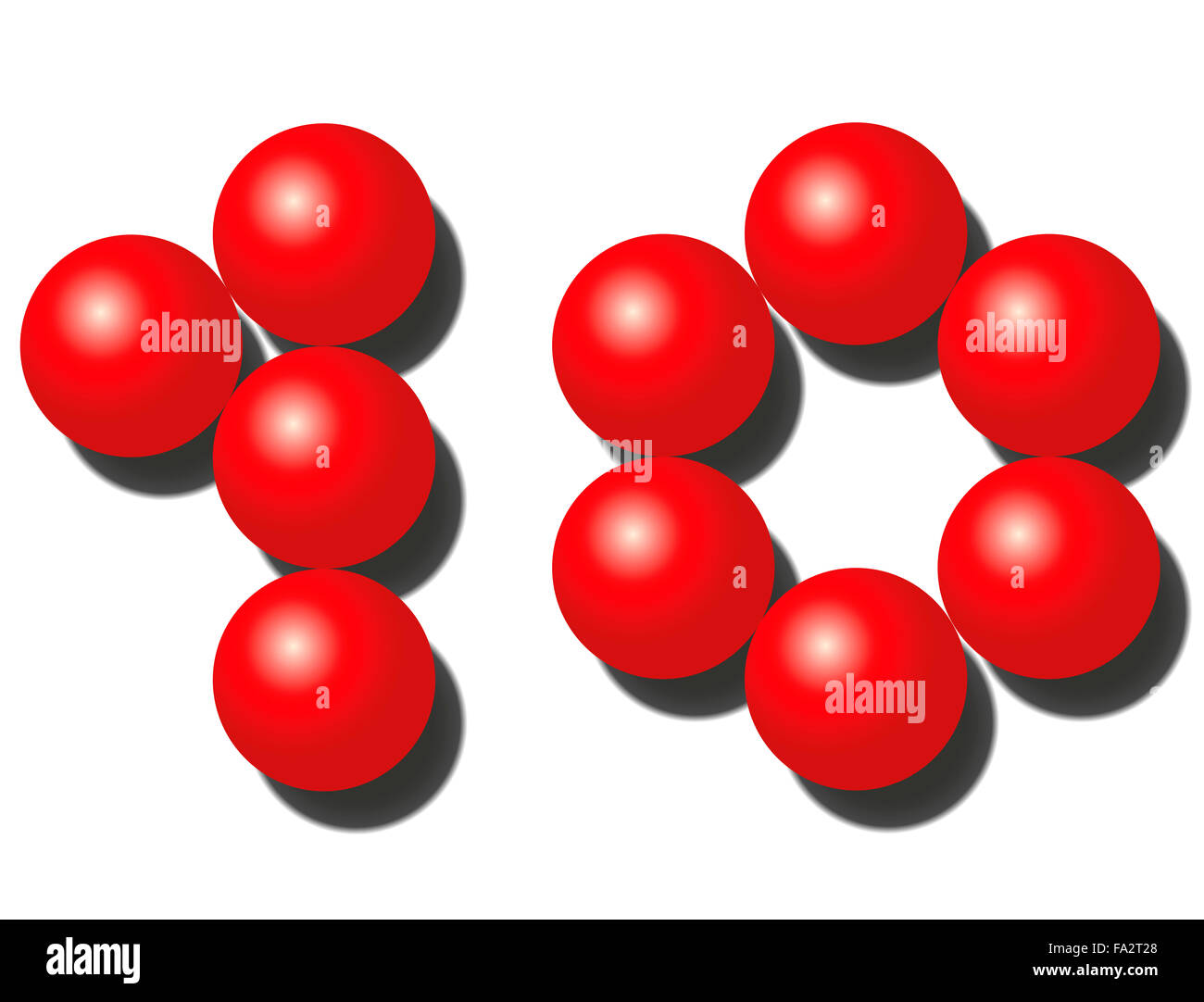 Ten red balls that look like number TEN. Stock Photo