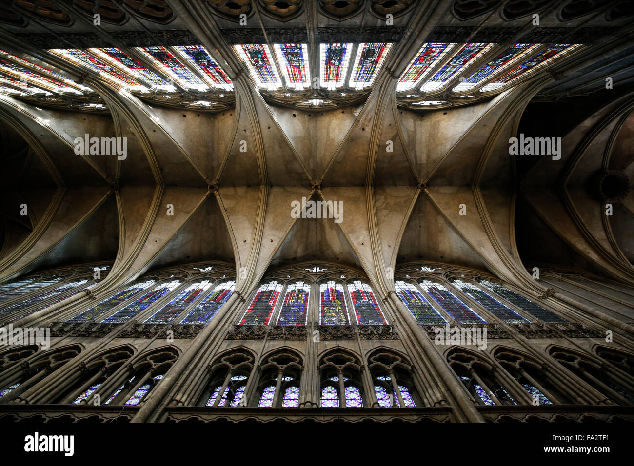 Metz Cathedral. The nave has quadripartite vaults and is 41.41 metre high and 15.60 metre large. Stock Photo