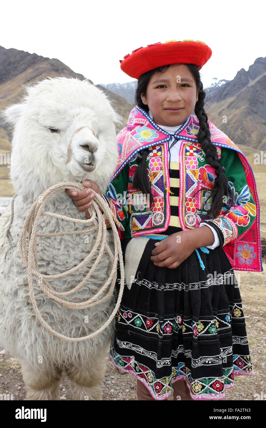 Andean Girl Wearing Traditional Clothes With An Alpaca Stock Photo