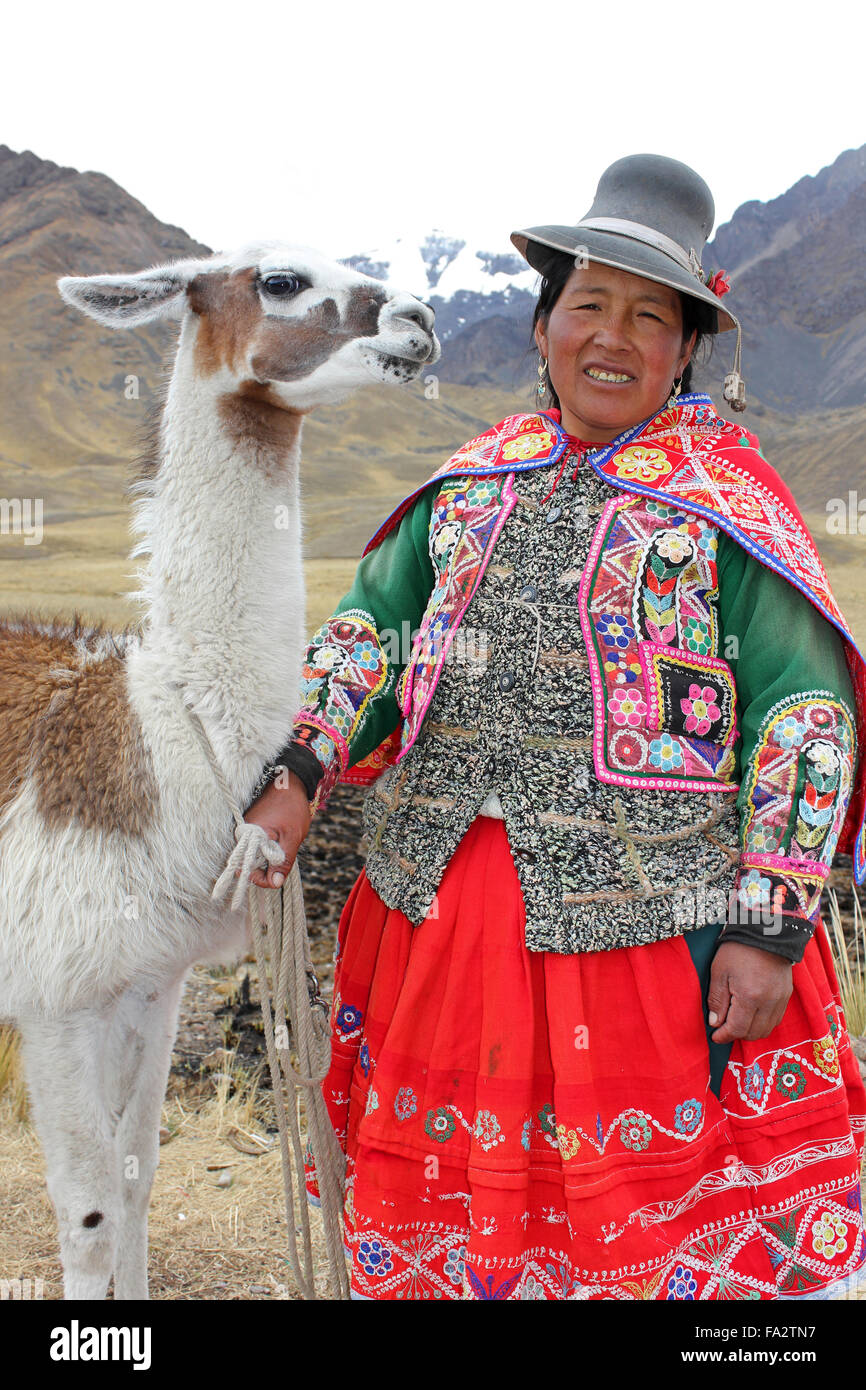 Andean Woman Wearing Traditional Clothes With A Llama Stock Photo