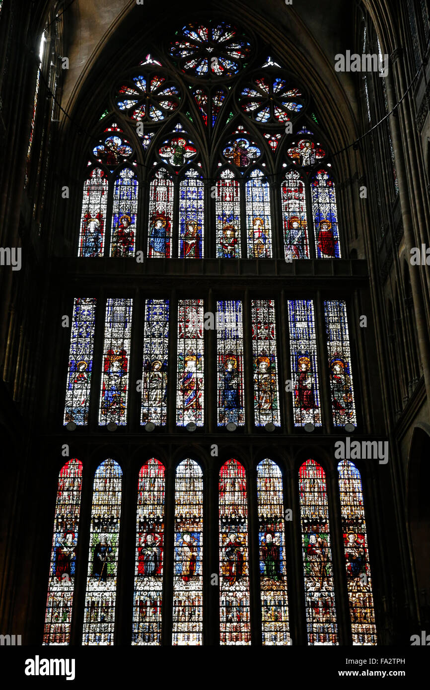 Metz Cathedral. Stained glass window by Thiebaut de Lixheim 1504. Northern transept. Stock Photo