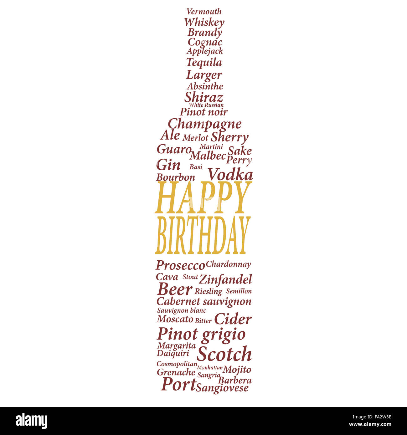 Happy birthday in the shape of a wine bottle surrounded by alcohol names Stock Photo