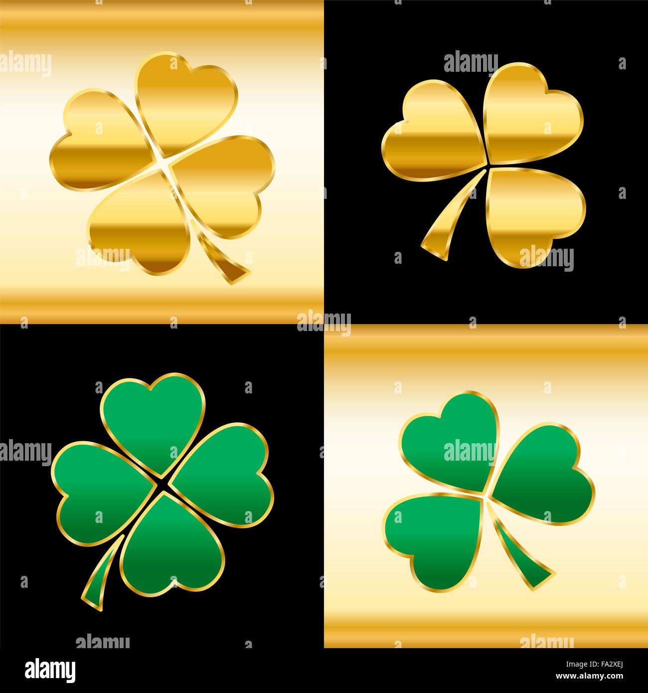 Golden and green shamrocks - pattern with three and four leaved clovers on gold and black square background. Stock Photo
