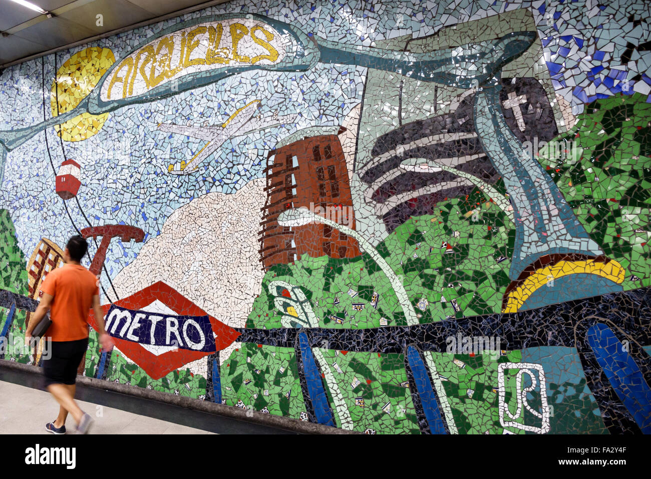 Madrid Spain,Hispanic Moncloa-Aravaca,Arguelles Metro Station,subway,train,mosaic tile mural,art,Spain150706096 Stock Photo