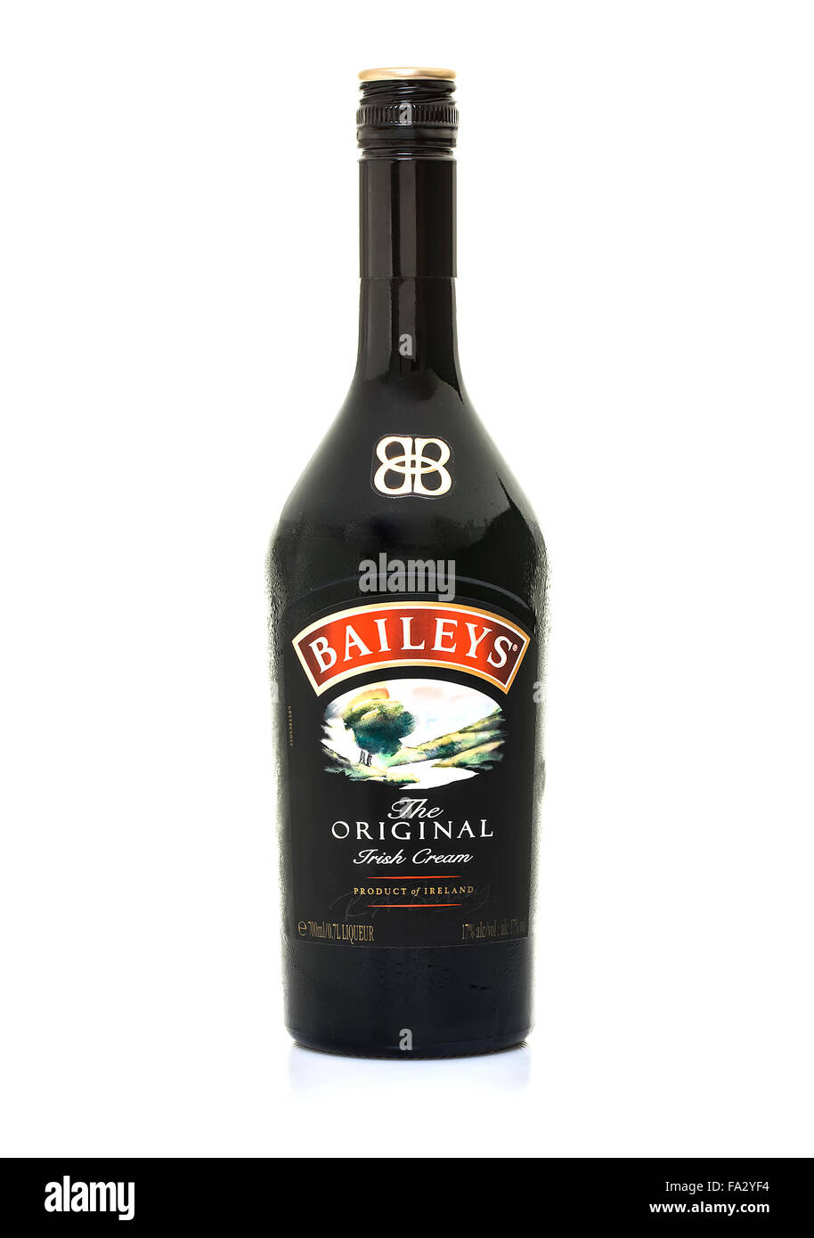 Bottle of 'Baileys' Irish cream on white background, Baileys Irish Cream is an Irish whiskey and cream based liqueur Stock Photo