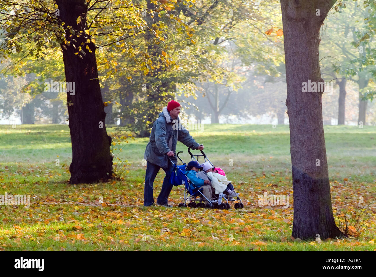 Man with two sleeping babys in a pram in autumn Hyde Park London England United Kingdom Europe Stock Photo