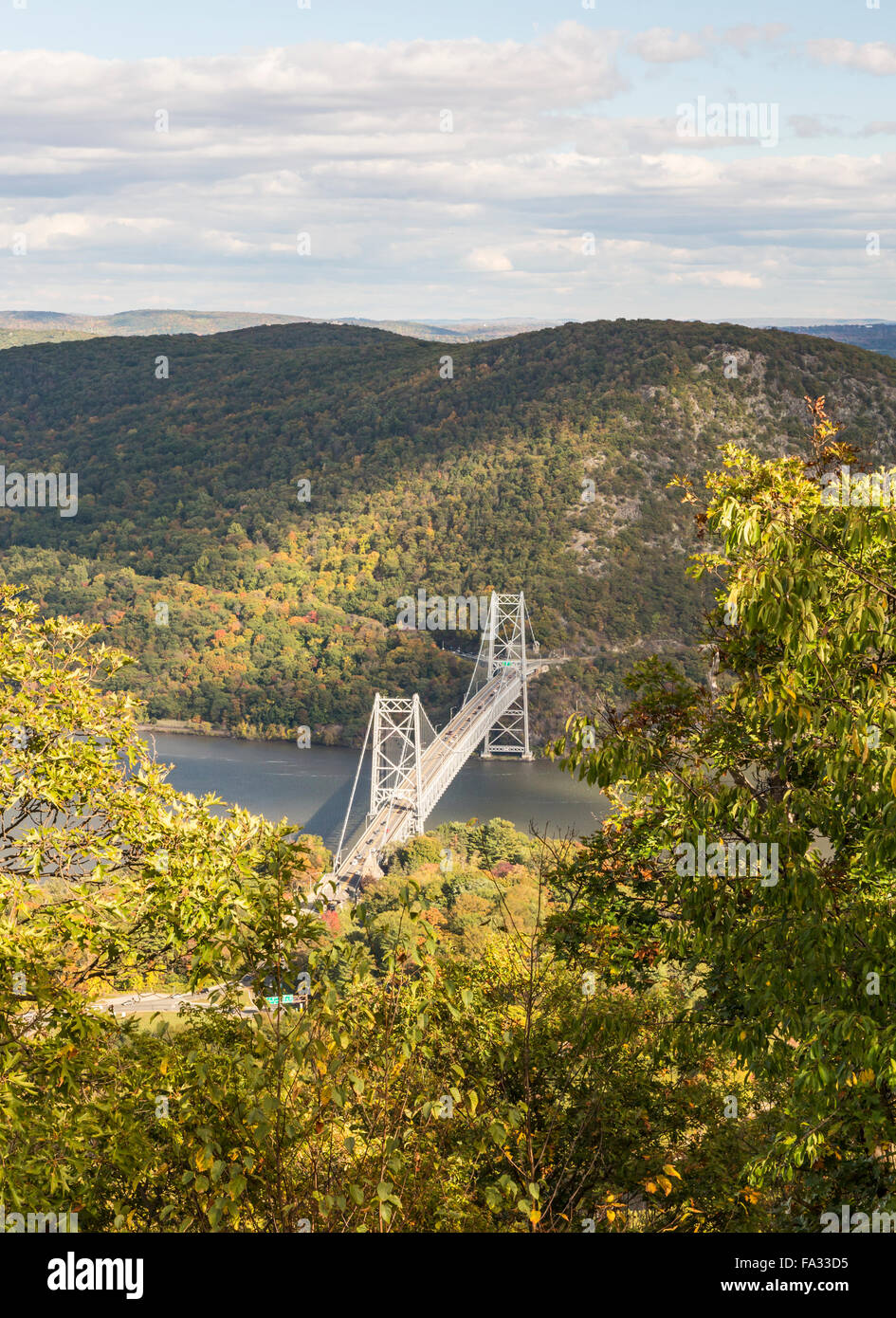 Bear Mountain Bridge over the Hudson River from above in Bear Mountain State Park, New York. Stock Photo