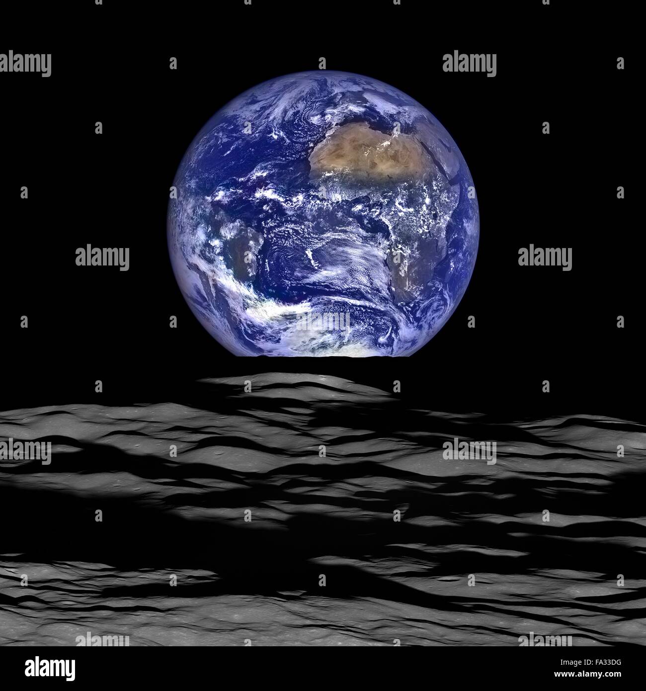 View from the Earth straddling the limb of the Moon from above the Compton crater October 12, 2015 as seen by the Lunar Reconnaissance Orbiter. Earth appear to rise over the lunar horizon from the viewpoint of the spacecraft, with the center of the Earth just off the coast of Liberia. Stock Photo