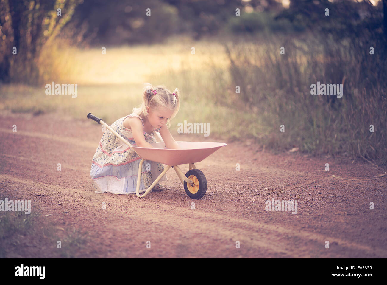 Little girl playing in a park with a wheelbarrow Stock Photo - Alamy