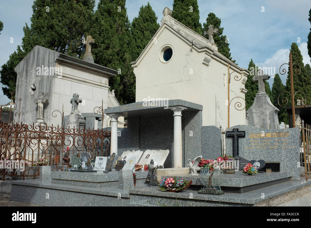 Ornate graves and family vaults at the municipal cemetery in Draguignan, Provence, France. Stock Photo