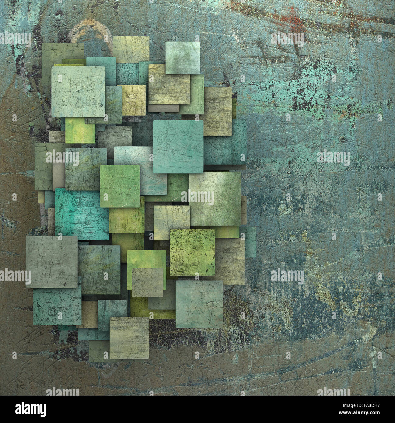 3d green square tile grunge pattern on blue grungy wall Stock Photo