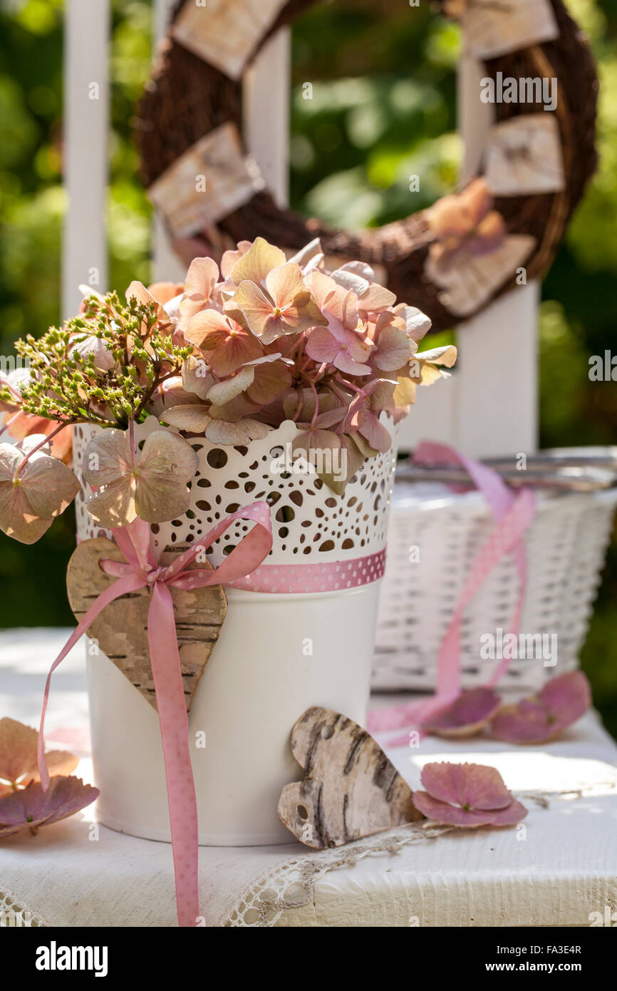 Material Birch bark vase, hydrangea, ribbon. Procedure Cut out the