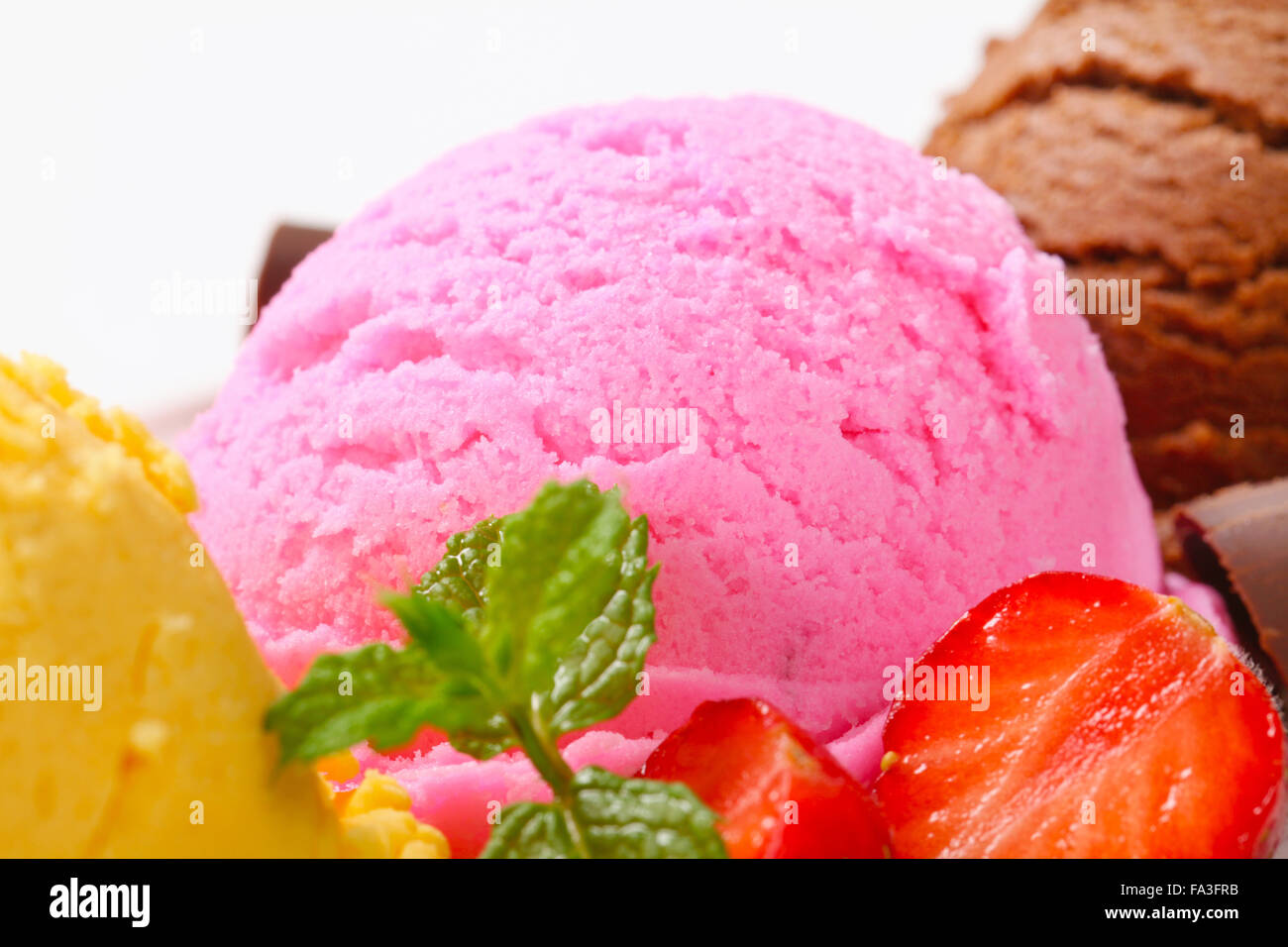 Three scoops of ice cream different flavors Stock Photo Alamy