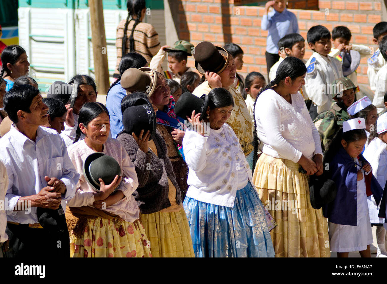 Spectators, musicians, government heads at the 500 year celebration of Luribay, Bolivia, a small Bolivian village, South America Stock Photo