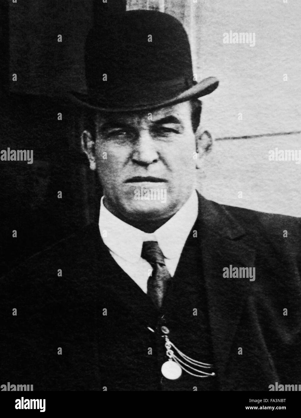 Vintage photo of American boxer James J Jeffries - World Heavyweight Champion from 1899 to 1905. Jeffries (1875 - 1953), nicknamed 'The Boilermaker', won the world title by knocking out defending champion Bob Fitzsimmons on June 9 1899 in Brooklyn, New York, and defended the crown several times before retiring undefeated in 1905. He made a comeback in the so-called 'Fight of the Century' against Jack Johnson, the first black World Heavyweight Champion, at Reno, Nevada, on July 4 1910, but was soundly beaten and the bout was stopped in the 15th round. Stock Photo