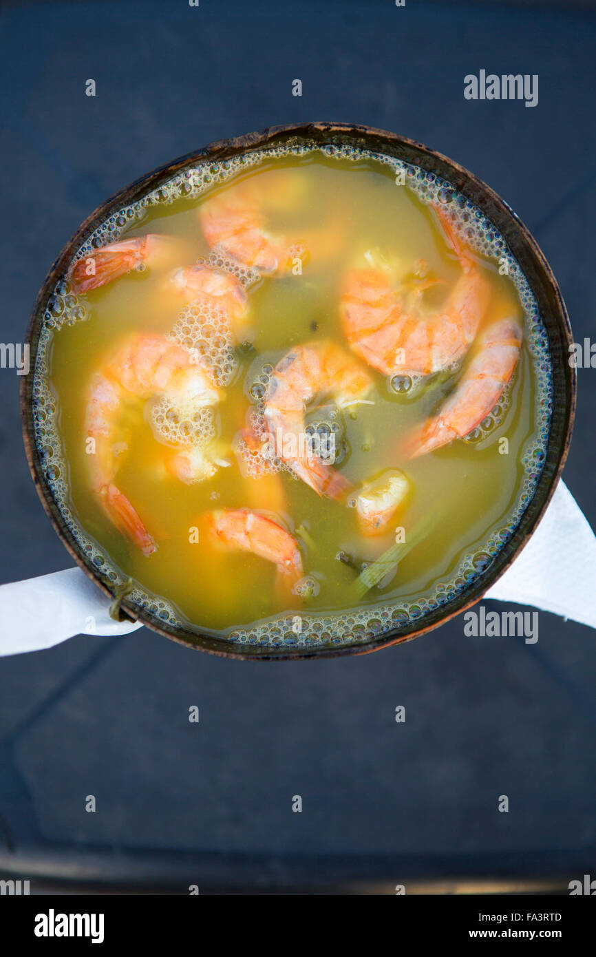 Tacaca - spicy soup from Para state in the Brazilian Amazon, made from manioc, prawns and Jambu leaf Stock Photo