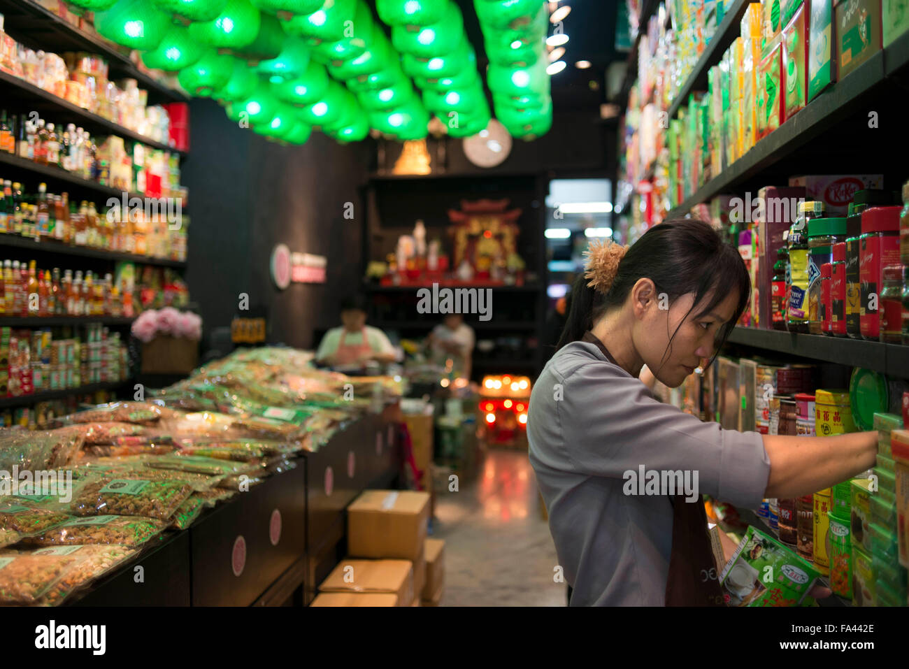 Supermarket with chinese food in Chinatown Bangkok, Thailand. Yaowarat, Bangkok’s Chinatown, is the World’s most renowned street Stock Photo