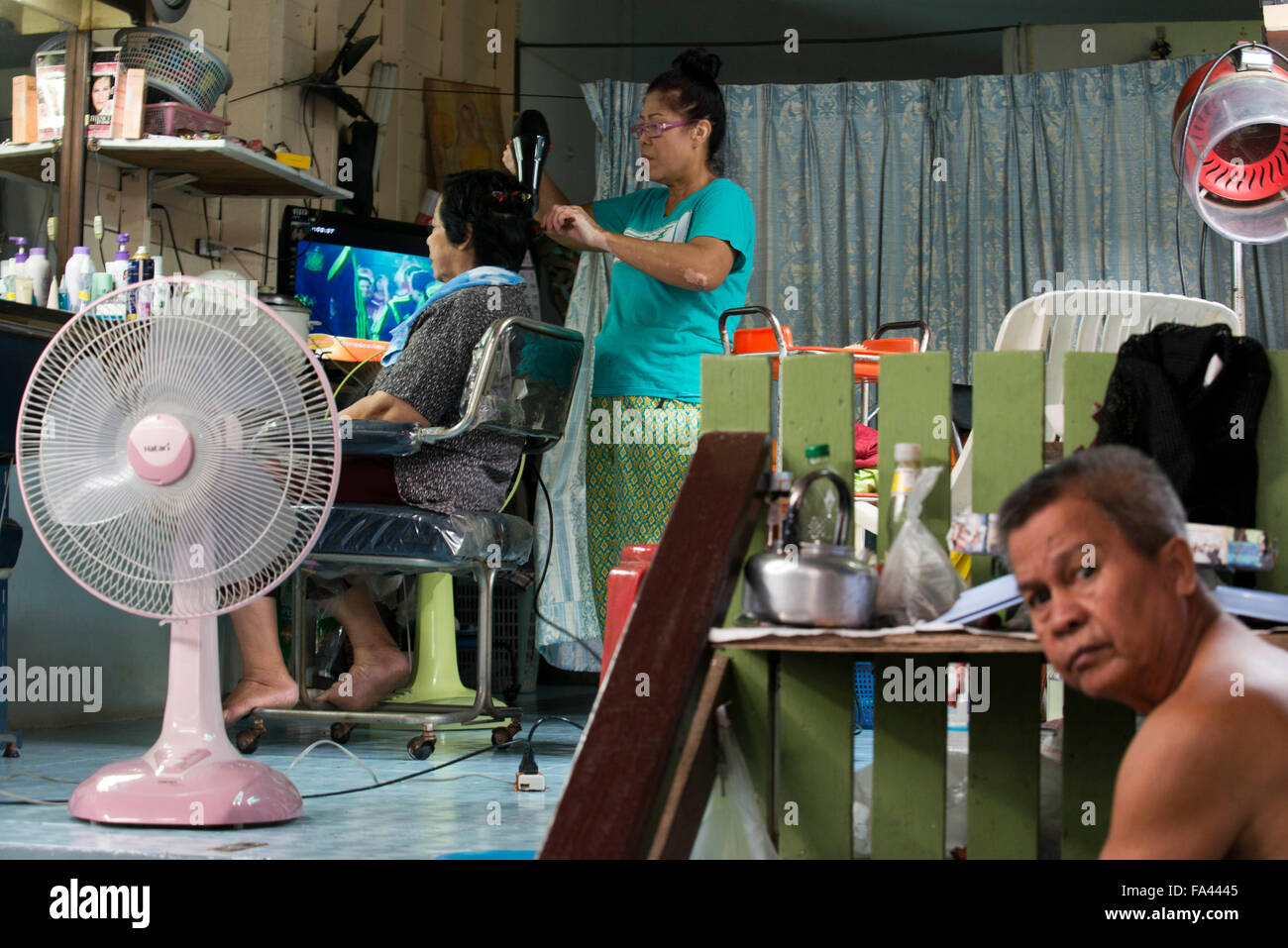 Local Hairdresser in Ko Kret Island, Bangkok, Thailand Stock Photo