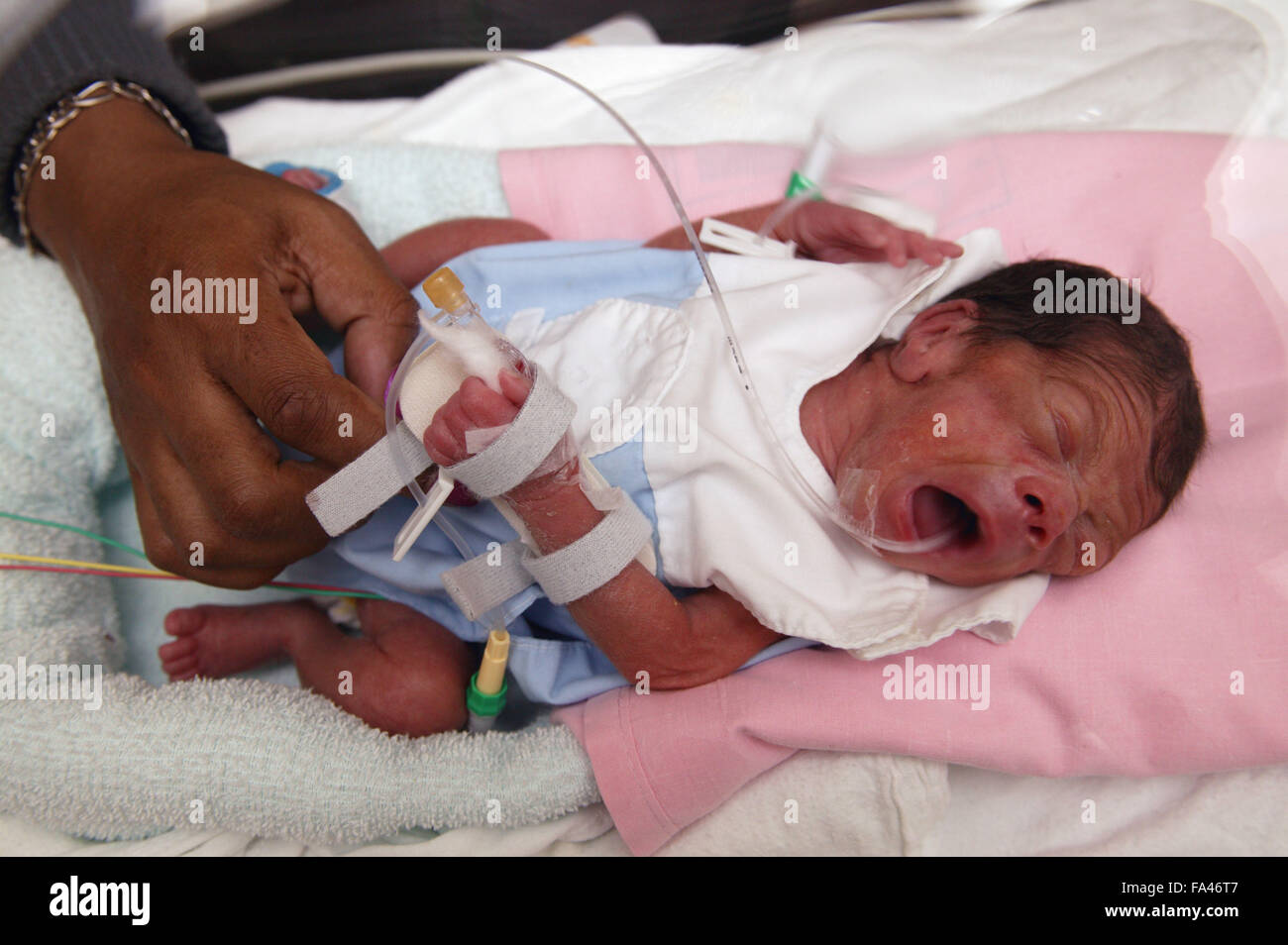 Mother's hands on premature baby boy in an incubator in the neonatal