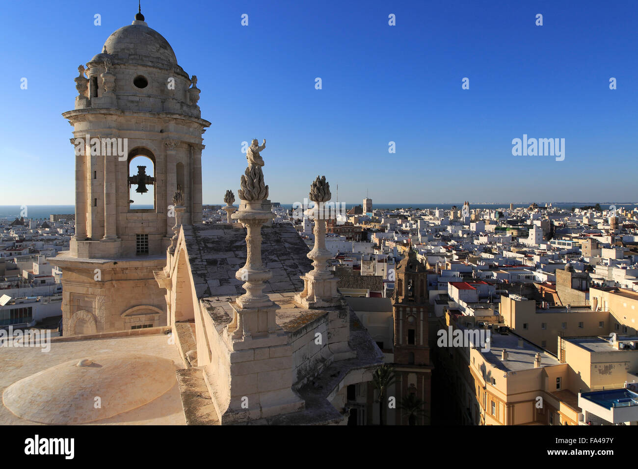 Rooftops of buildings in Barrio de la Vina, looking west from cathedral roof, Cadiz, Spain Stock Photo
