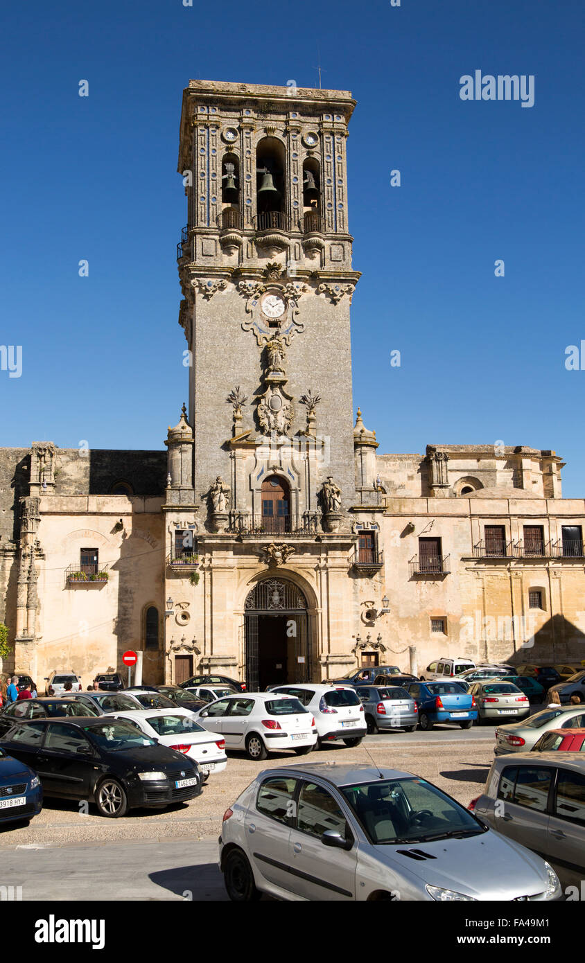 Tower of church Santa Maria de la Asuncion, Plaza del Cabildo, village of Arcos de la Frontera, Spain Stock Photo