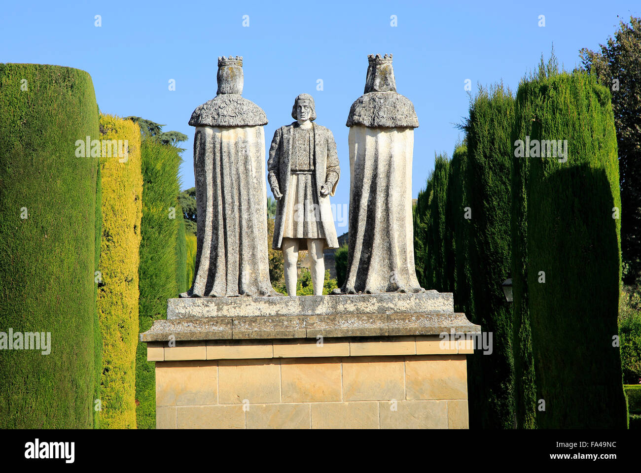 Columbus, King Ferdando and Queen Isabel statues in garden of Alcazar