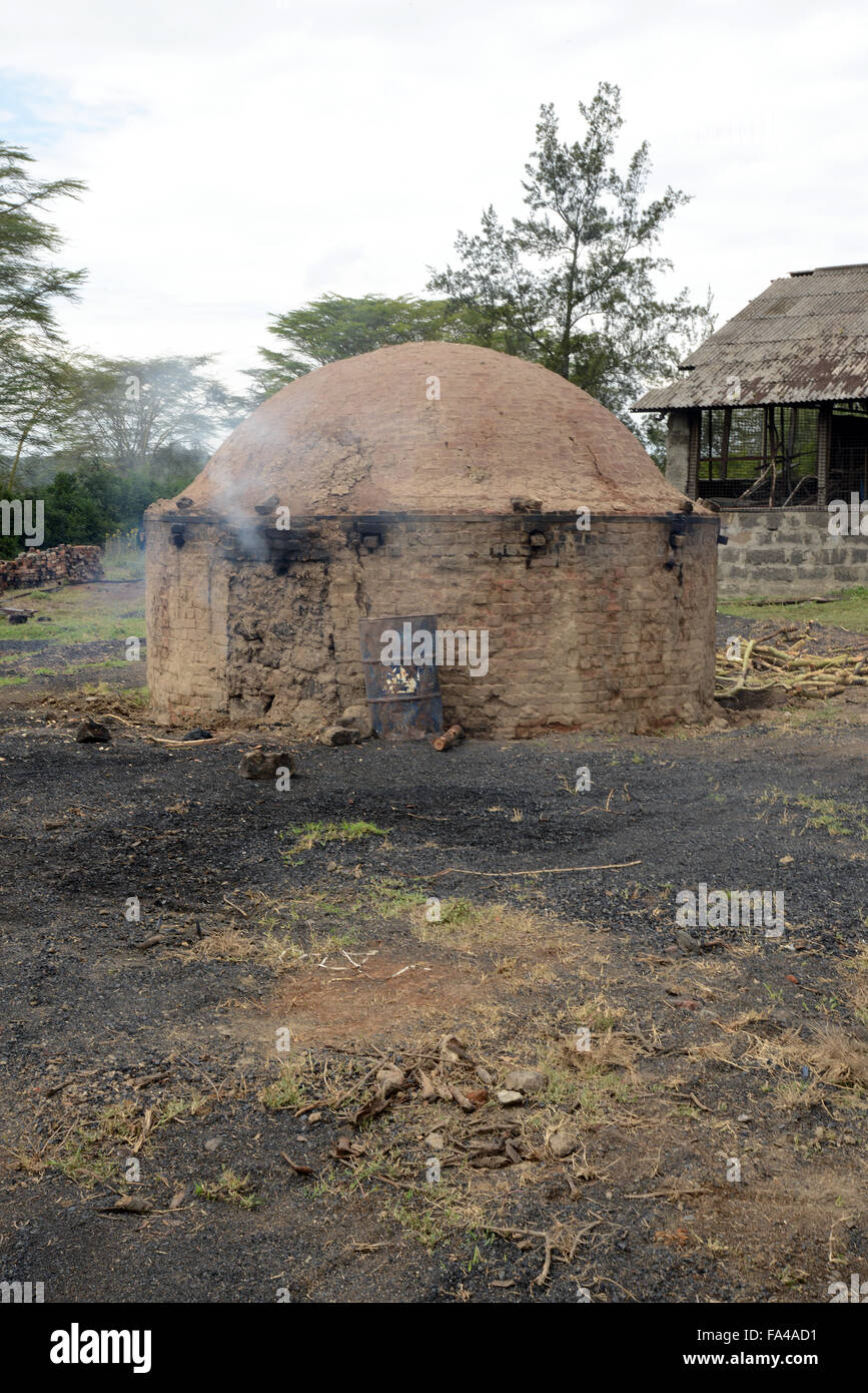 Traditional charcoal making kiln burning wood for charcoal in Kenya at