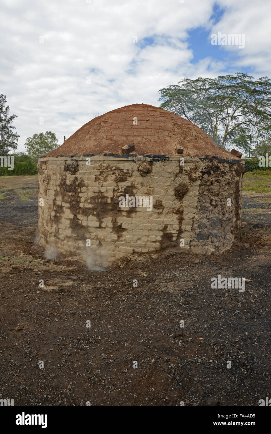 Traditional charcoal making kiln burning wood for charcoal in Kenya at