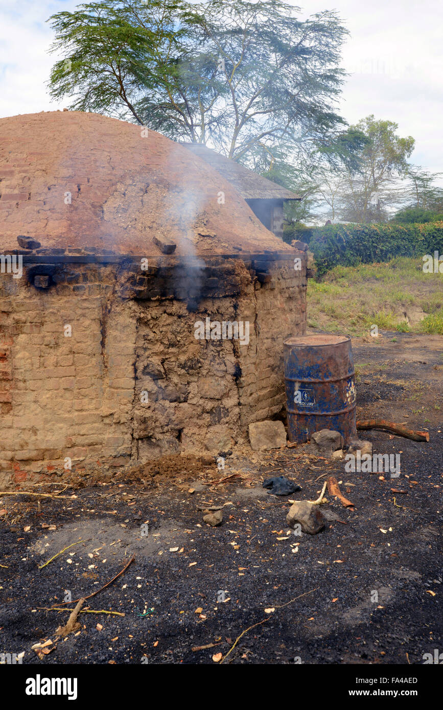A traditional charcoal making kiln burning charcoal in Kenya at