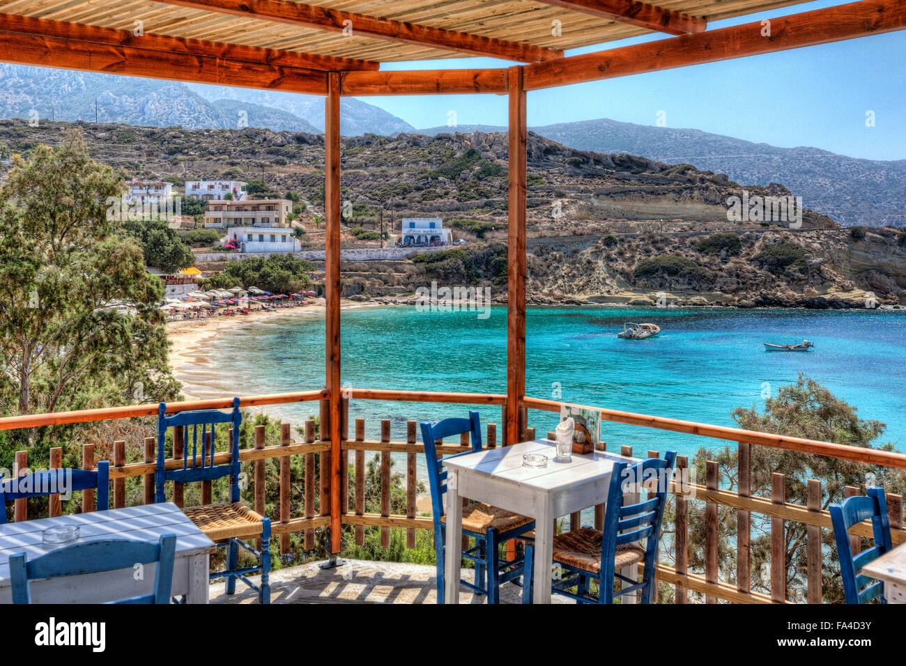Taverna in Panagias Limani of Karpathos, Greece Stock Photo