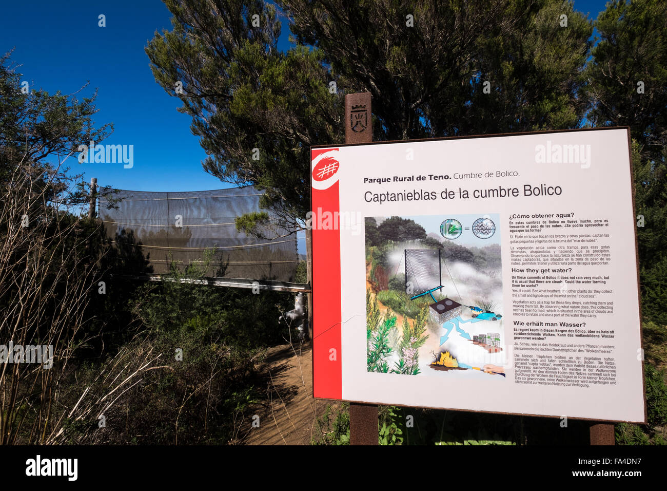 A netting device used to capture water from clouds on the hills near to Erjos, Tenerife, Canary Islands, Spain. Stock Photo