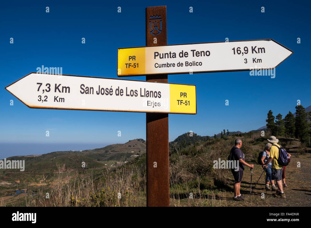 Signs indicating walking paths around the Erjos area, Tenerife, Canary Islands, Spain. Stock Photo