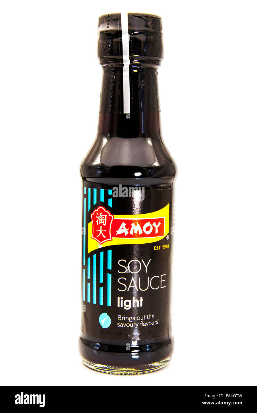 Soy sauce bottle Amoy Chinese cooking food flavour flavor flavouring flavoring Cutout cut out white background isolated copy Stock Photo