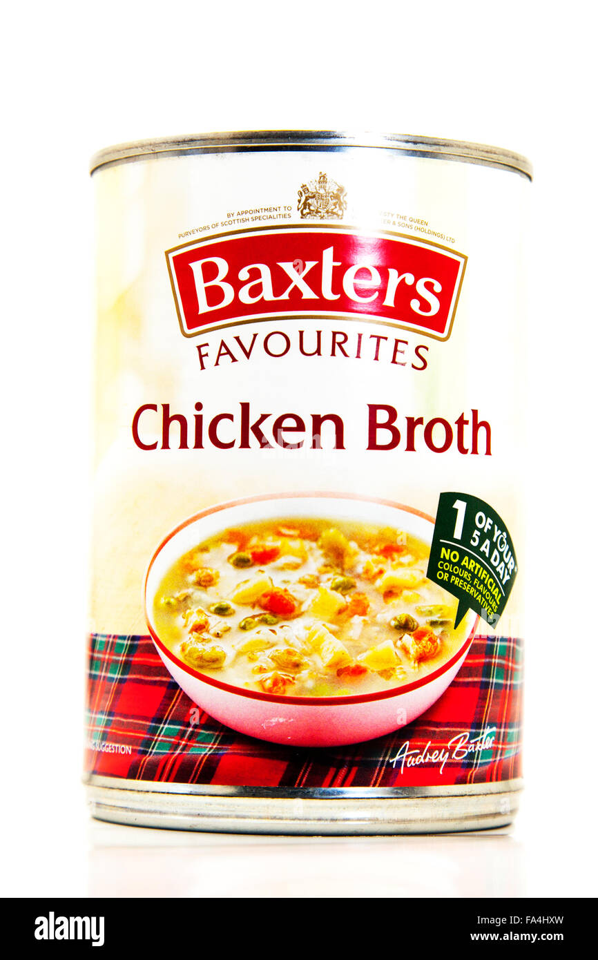 Chicken broth soup Baxters tin tinned can canned food Cutout cut out white background isolated