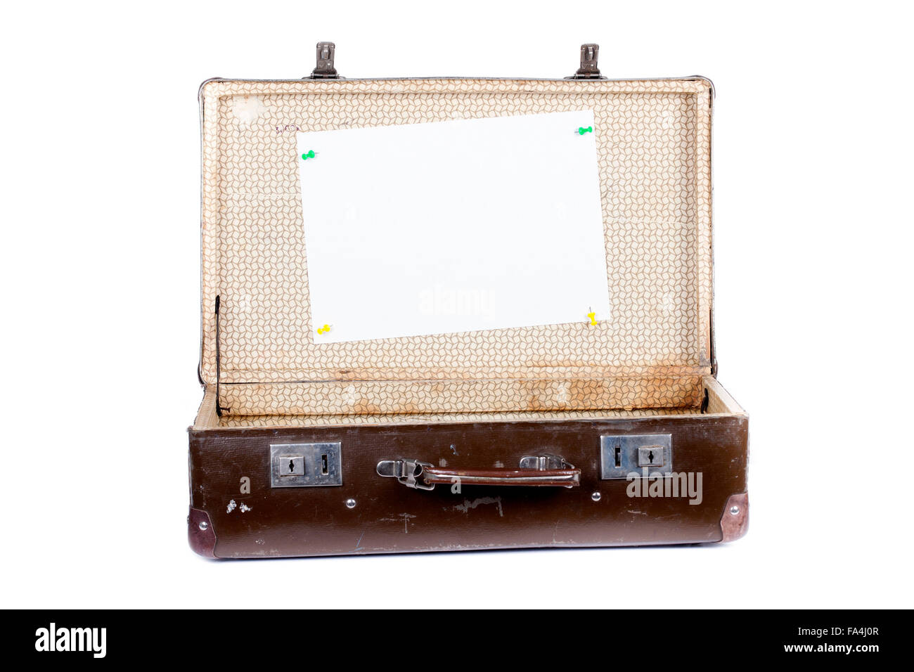 Old open suitcase isolated on white background Stock Photo