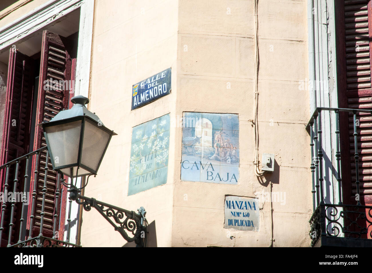 Cava Baja street corner to Almendro street, close view. Madrid, Spain. Stock Photo
