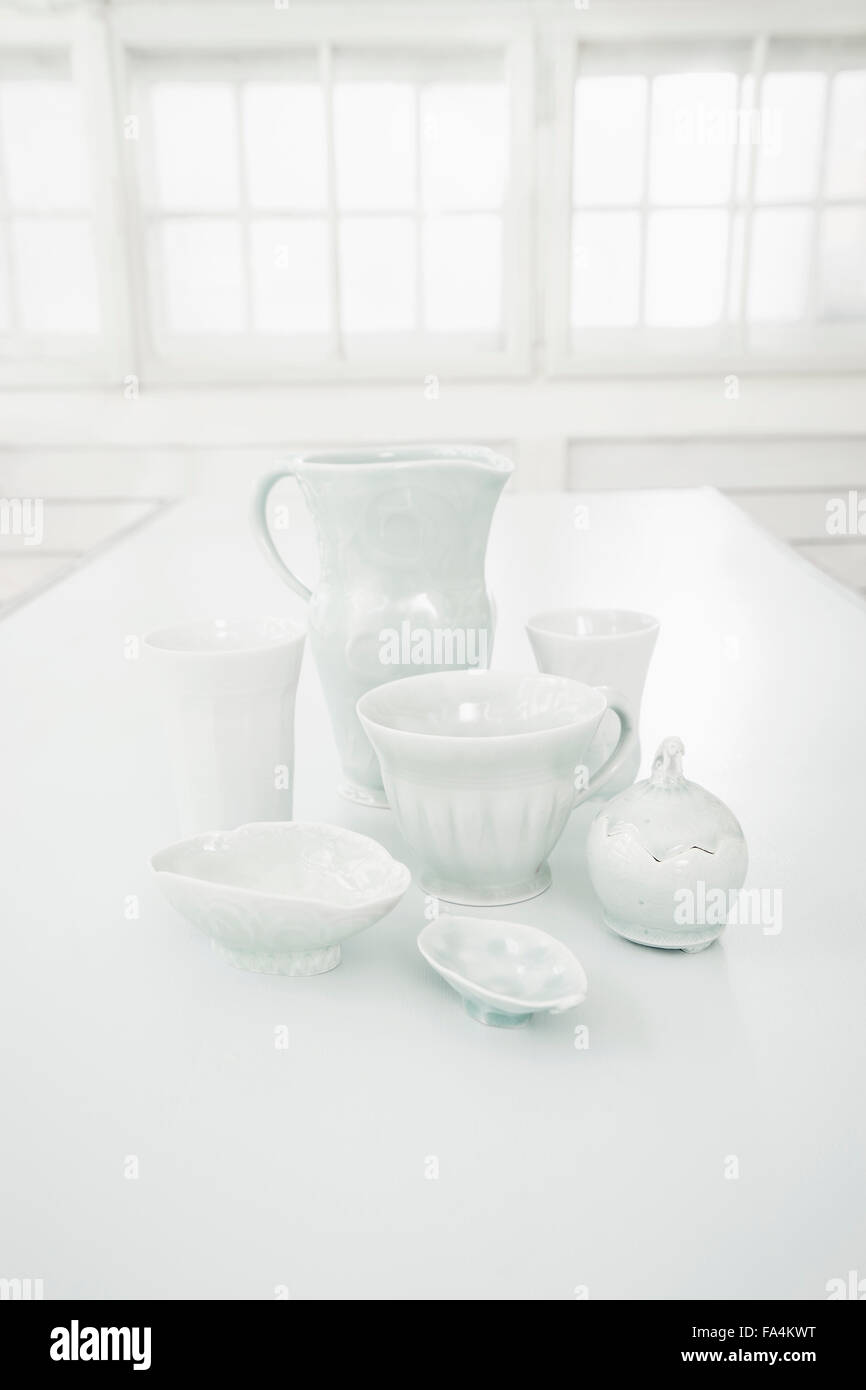 Close-up of porcelain crockeries on table, Bavaria, Germany Stock Photo