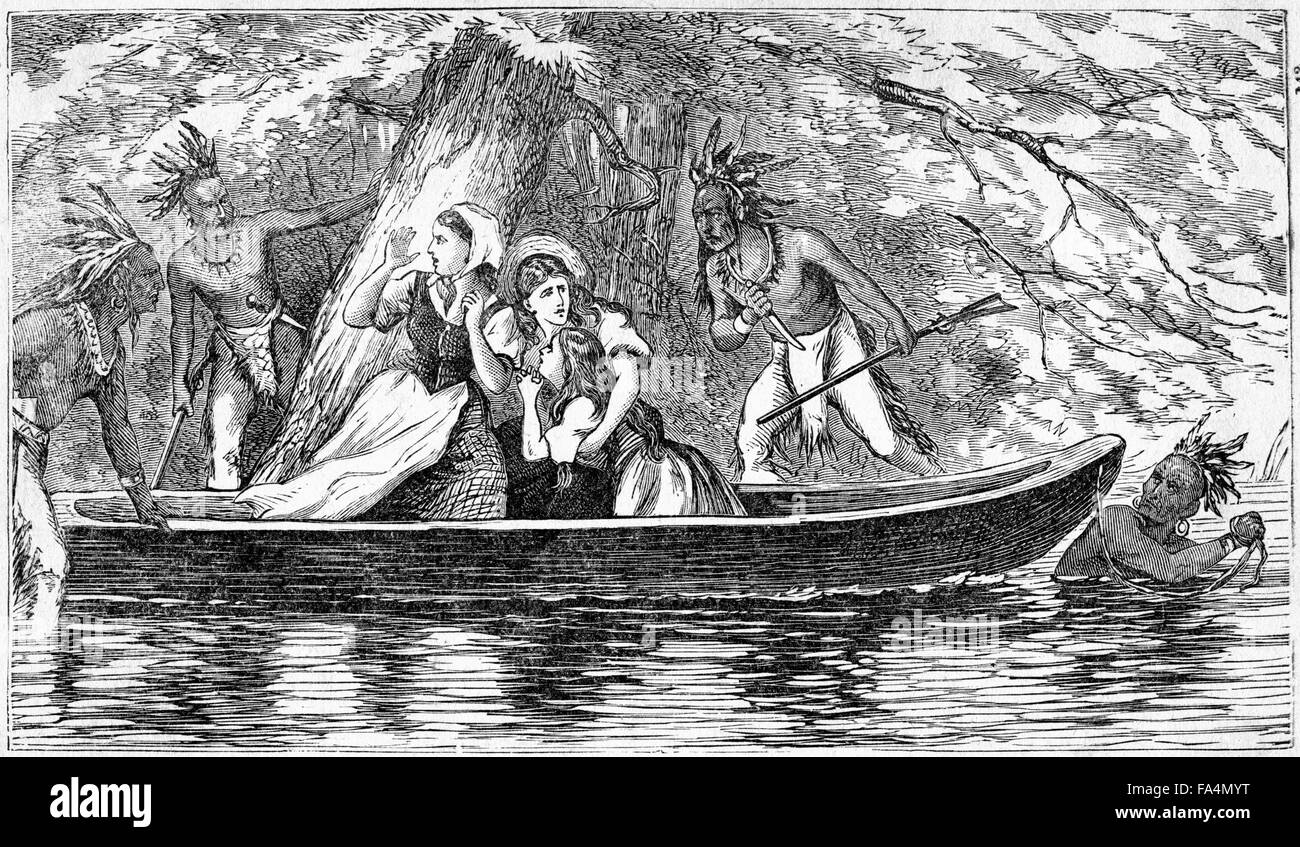 “Capture of the Boone and Galloway Girls”, Kentucky, 14 July 1776, Jemima Boone, Elizabeth Callaway, Frances Gallaway, Book Illustration from “Indian Horrors or Massacres of the Red Men”, by Henry Davenport Northrop, 1891 Stock Photo