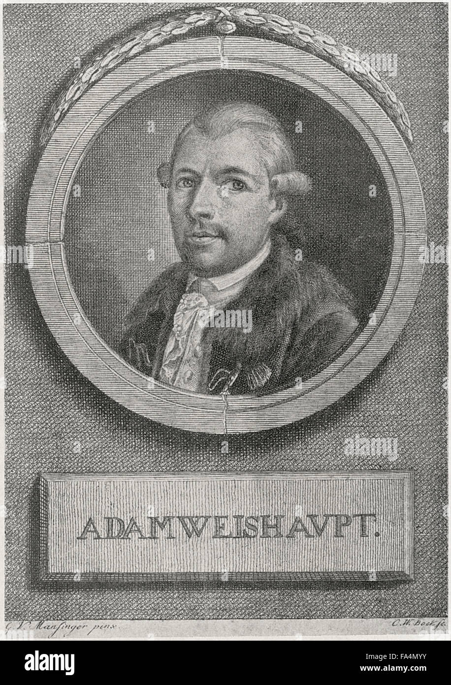 Johann Adam Weishaupt (1748-1830), German, philosopher, Founder of the Order of the Illuminati Secret Society, after Mansinger painting, Engraved by C,W, Bockfe, Book Illustration from “Cagliostro, The Splendour and Misery of A Master of Magic”, Chapman and Hall LTD, W.R.H. Trowbridge, 1910 Stock Photo