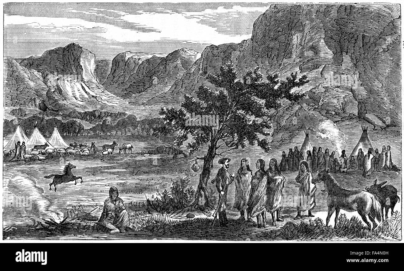 “Camp of the Nez Perces in Grande Ronde Valley”, North East Oregon, 1876, Book Illustration from “Indian Horrors or Massacres of the Red Men”, by Henry Davenport Northrop, 1891 Stock Photo