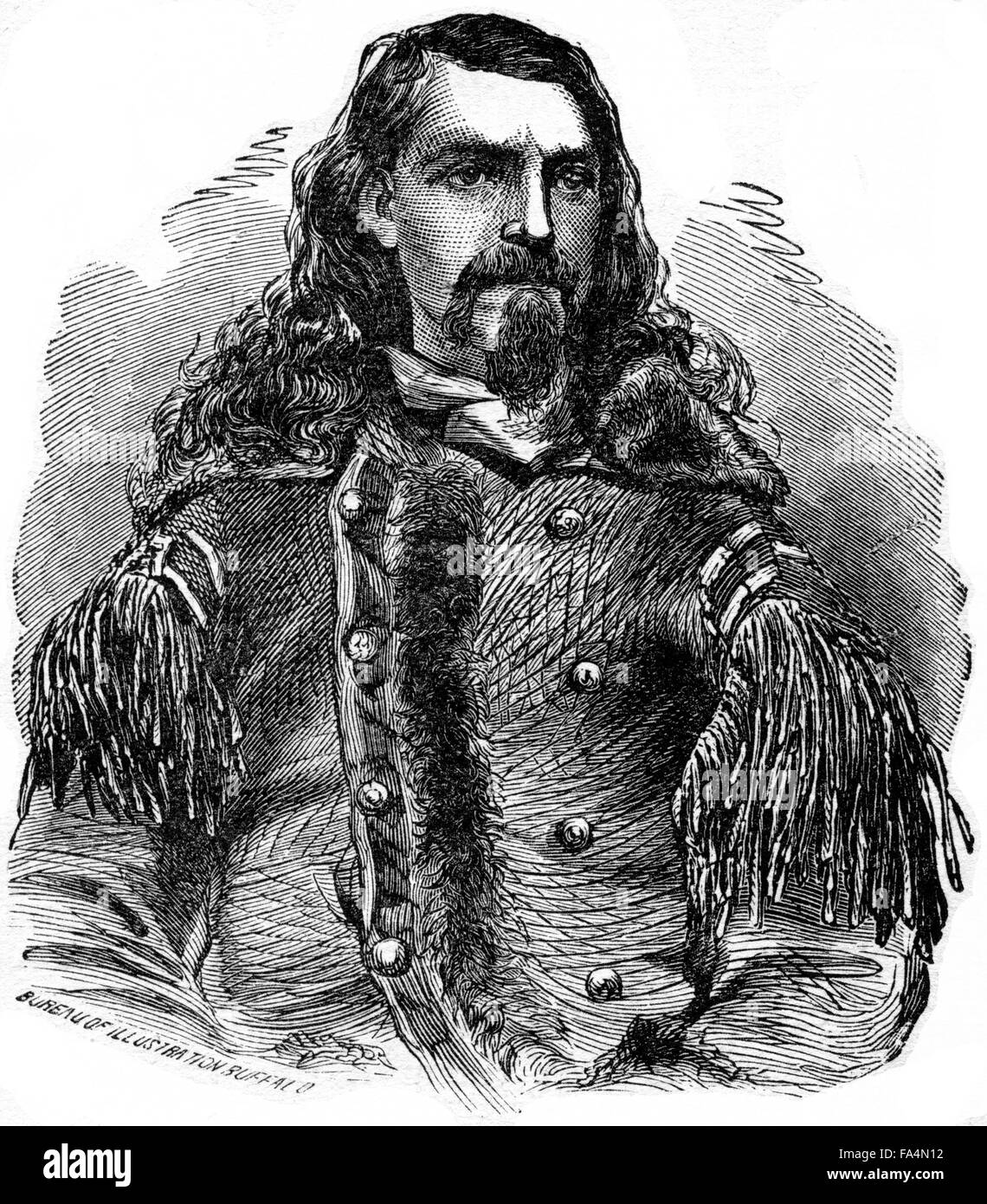 “The Famous Scout Buffalo Bill”, William Frederick Cody (1846-1917), by Artist John Reuben Chapin, 1870, Book Illustration from “Indian Horrors or Massacres of the Red Men”, by Henry Davenport Northrop, 1891 Stock Photo