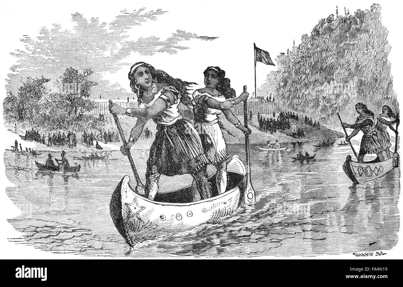 “Indian Amusements, Canoe Race Between Sioux Squaws” Sioux, by Artist S. C. Sharp, Book Illustration from “Indian Horrors or Massacres of the Red Men”, by Henry Davenport Northrop, 1891 Stock Photo