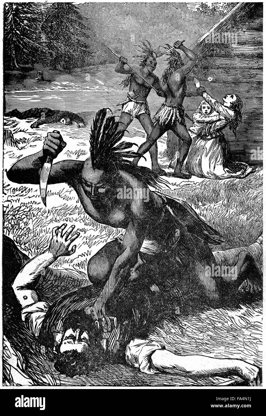 “Massacre of Settlers by the Indians”, tribe and location unspecified, Book Illustration from “Indian Horrors or Massacres of the Red Men”, by Henry Davenport Northrop, 1891 Stock Photo