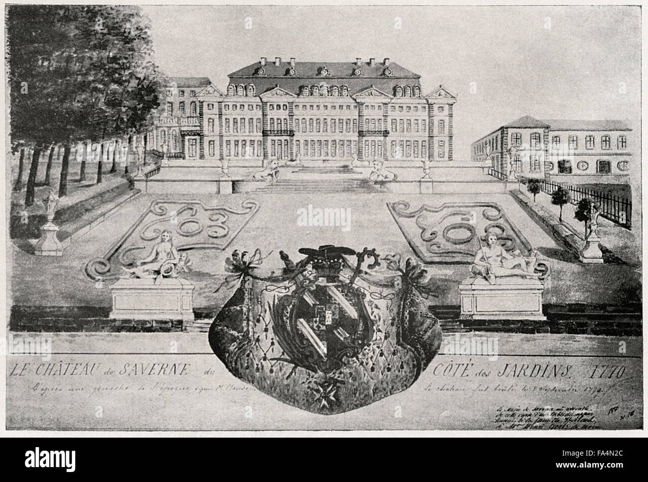 Le Chateau de Saverne, Rohan Castle, Alsace, France, built 1780-90, architect Nicolas Salins de Montfort, from a rare French print, courtesy of L’Alsace Illustree, Cote des Jardins, 1770, Book Illustration from “Cagliostro, The Splendour and Misery of A Master of Magic”, Chapman and Hall LTD, W.R.H. Trowbridge, 1910 Stock Photo