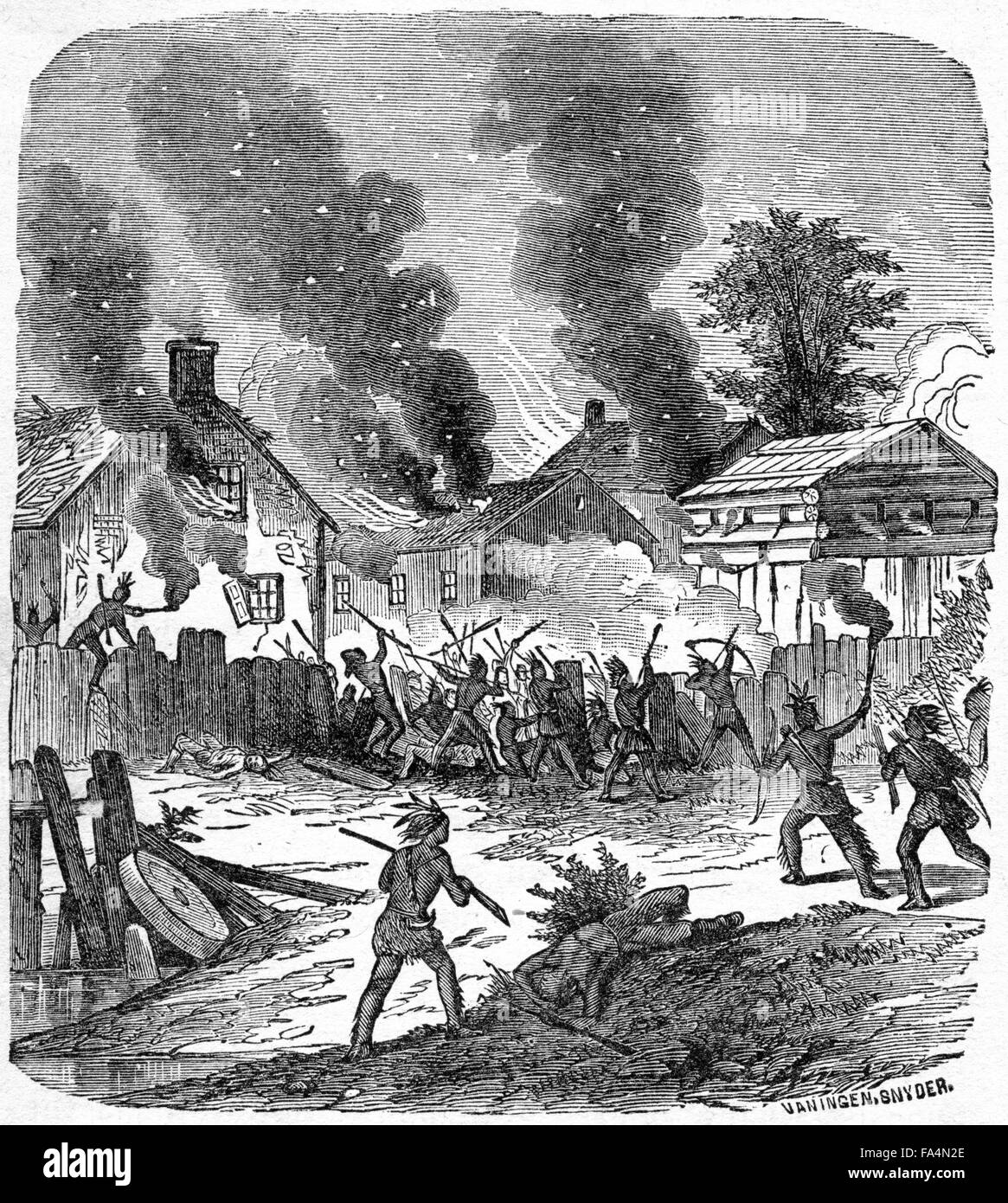 “The Burning of Brookfield by the Indians”, Engraving by Van Ingen Snyder, circa 1860, Book Illustration from “Indian Horrors or Massacres of the Red Men”, by Henry Davenport Northrop, 1891 Stock Photo