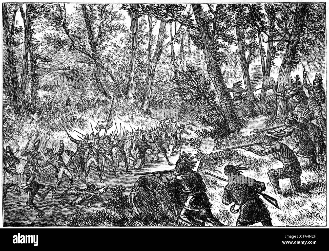 General Edward Braddock (1695-1755), “Braddock’s Defeat”,  French and Indian War, 1755, Book Illustration from “Indian Horrors or Massacres of the Red Men”, by Henry Davenport Northrop, 1891 Stock Photo